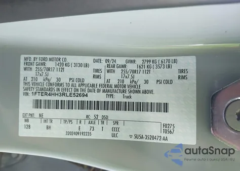 2024 Ford Ranger Xlt из США, поврежденный, VIN 1FTER4HH3RLE52694